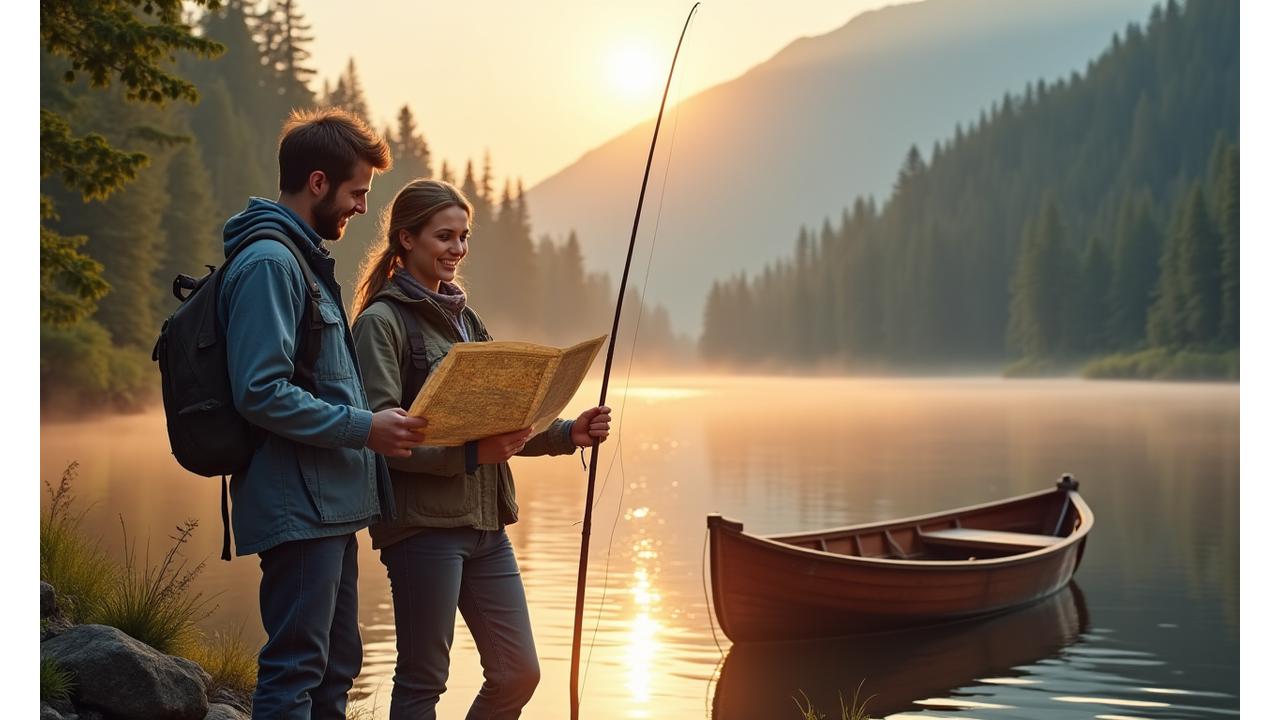 Two founders, early 30s, standing by a pristine river in British Columbia at sunrise, holding fishing rods, a classic wooden boat in the background, looking at a map and smiling, conveying camaraderie and passion.