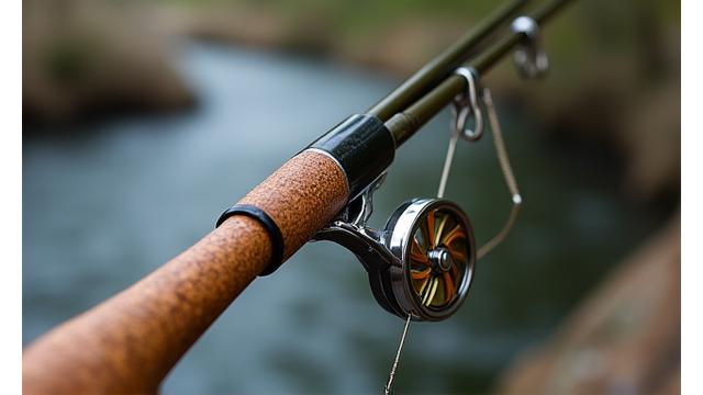 Close-up of a fly fishing reel and rod.