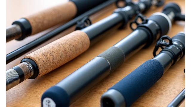 Various fishing rod handle materials like cork and EVA foam.