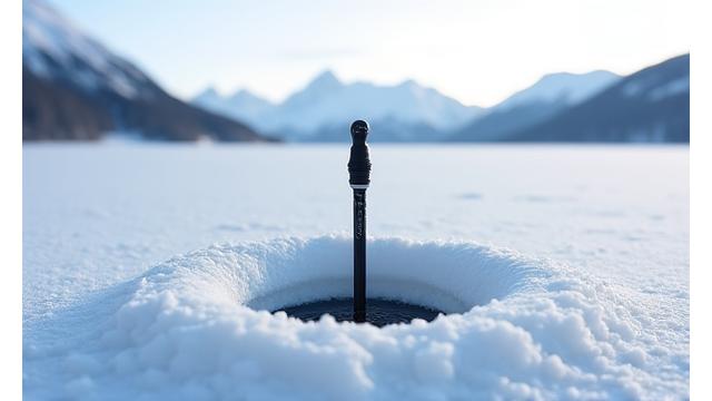 Ice fishing rod and hole in ice.