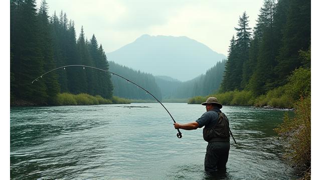 Angler fighting a salmon in a river.