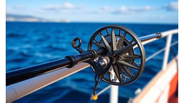 Saltwater fishing rod with a large reel, overlooking the ocean.