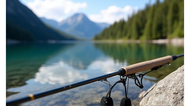 Ultralight fishing rod by a serene lake.