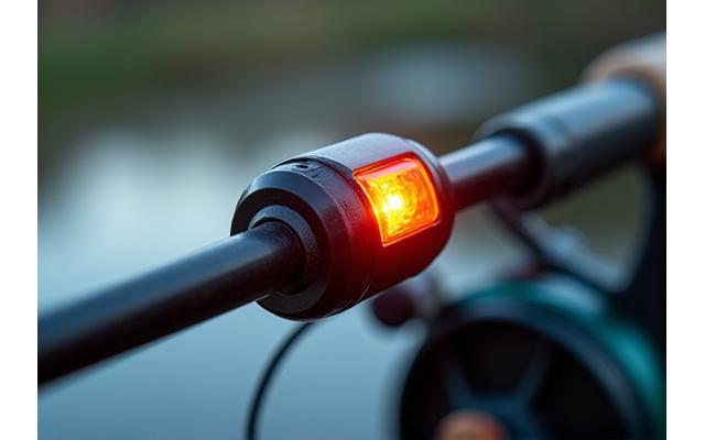 Close-up view of a modern electronic bite alarm attached to a fishing rod, with an LED indicator light glowing.