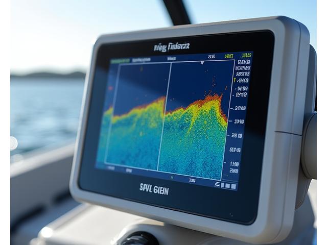 Advanced fish finder display showing detailed underwater sonar imaging with depth contours and fish arches, integrated with a GPS chartplotter.