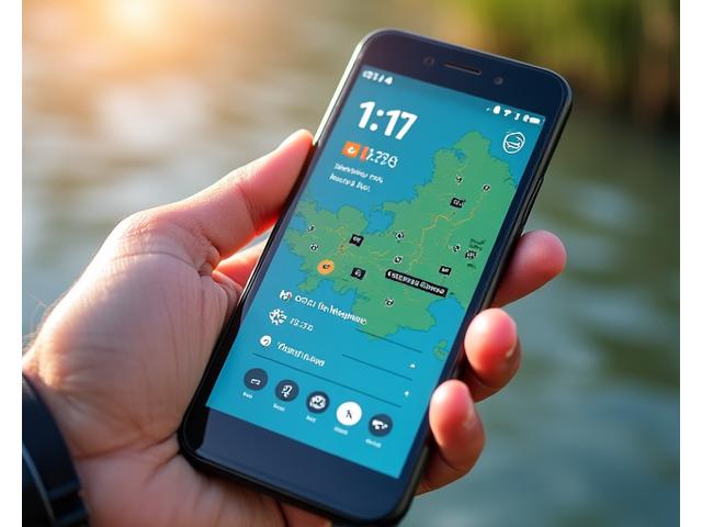 A smartphone screen displaying a fishing app interface, showing a map with marked waypoints, weather conditions, and a catch log.