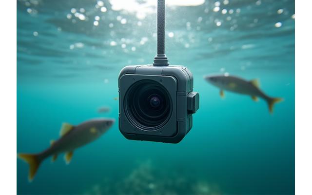 An underwater fishing camera submerged in clear water, capturing footage of fish swimming near a lure.