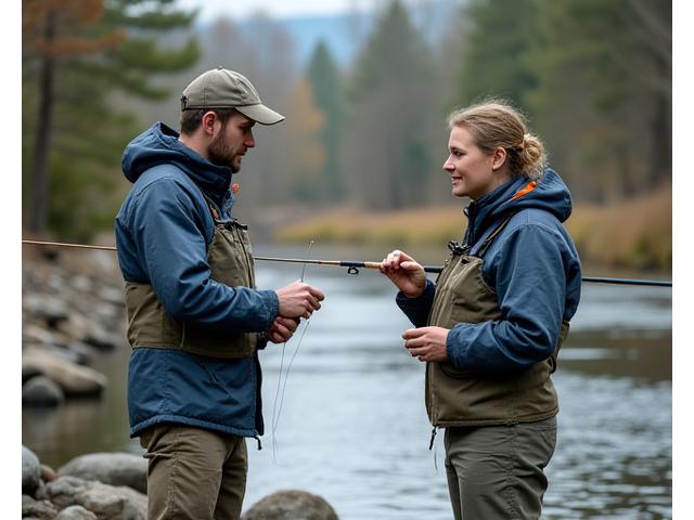 A fishing workshop participant receiving individualized feedback on their casting technique from an instructor by a river.