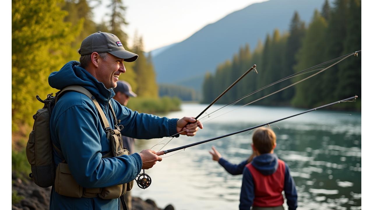 Experienced fishing instructor demonstrating a casting technique to a group of attentive students on a riverbank during a workshop in British Columbia.