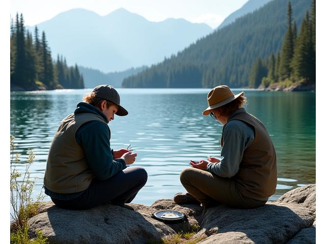 Workshop participants practicing knot tying and rig setting on the bank of a scenic British Columbia lake during a sunny day.