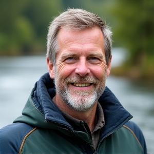 Portrait of David Smith, a friendly and experienced fishing guide, smiling with a background of a BC river