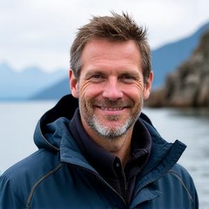 Portrait of Mark Wilson, a rugged and experienced salt water fishing guide on his boat with coastal background