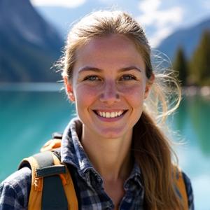 Portrait of Sarah Jones, an energetic and knowledgeable female fishing guide, standing by a pristine mountain lake