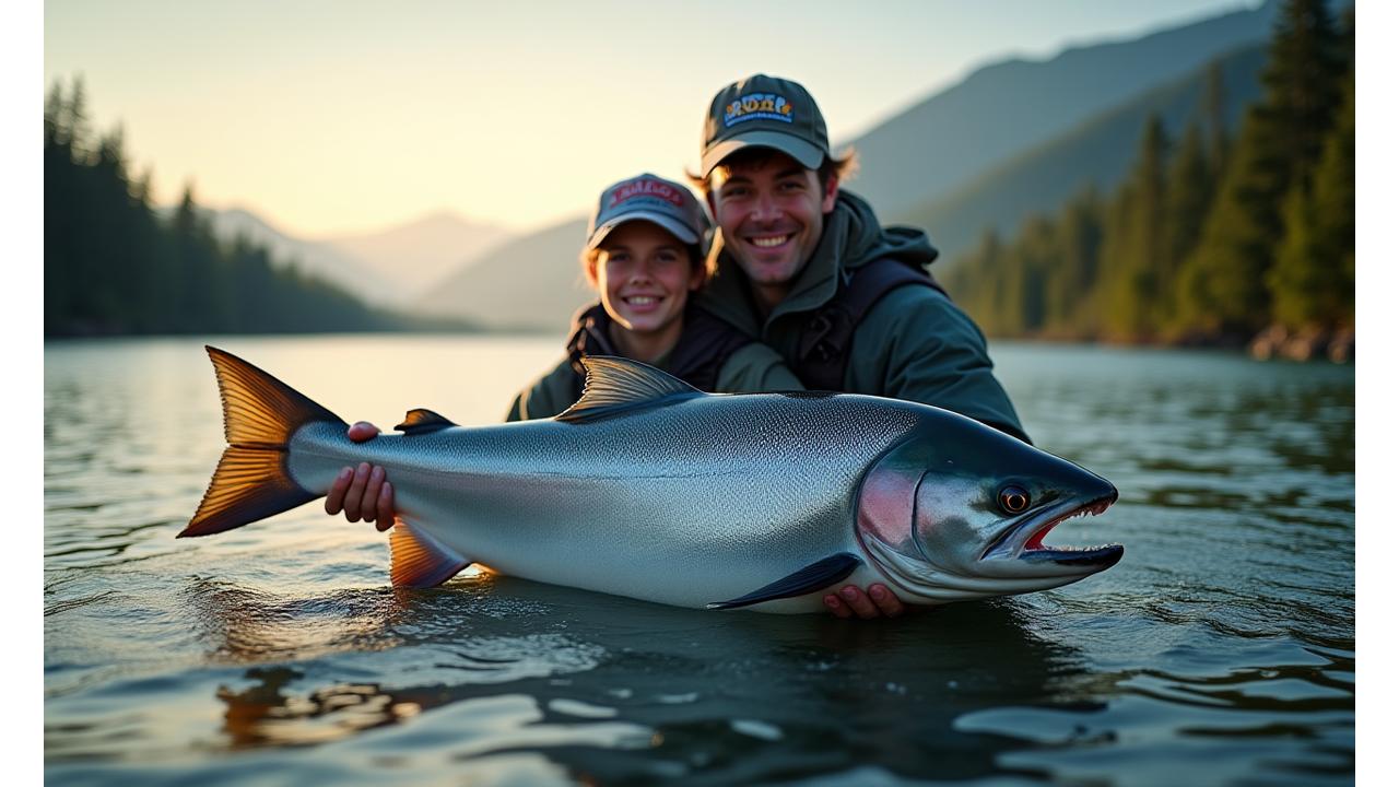 Expert fishing guide assisting an excited client on a beautiful British Columbia river, fish jumping in the background, a large salmon just landed