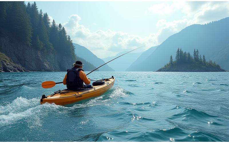 Ocean kayak angler reeling in a fish with BC's rugged coastline and islands in the background