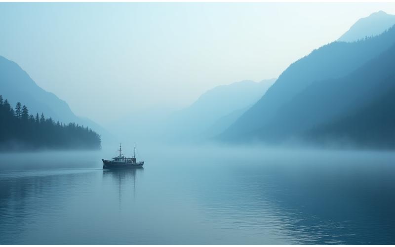 Scenic view of the Fraser River at dawn, fog rising off the water, with distant mountains and a fishing boat
