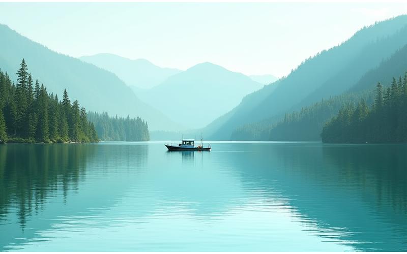 Small boat fishing on a clear, calm lake in the Lower Mainland, surrounded by evergreen trees and mountains