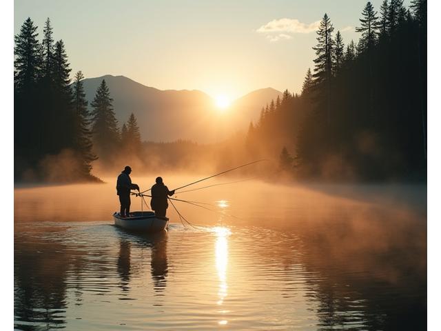 Professional fishing guide helping a client cast a fishing line on a serene BC river at sunrise, surrounded by lush forest