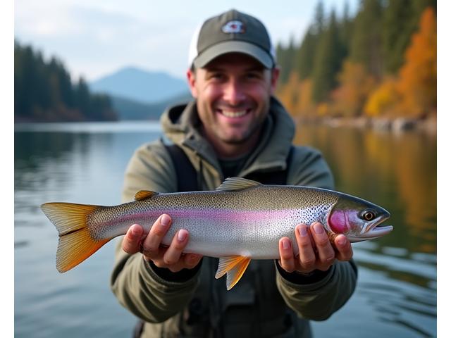 Angler proudly holding a caught trout during a half-day fishing trip on a clear lake, gear visible
