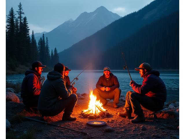 Group of anglers and guides gathered around a campfire at a remote fishing lodge in BC, discussing the day's catches