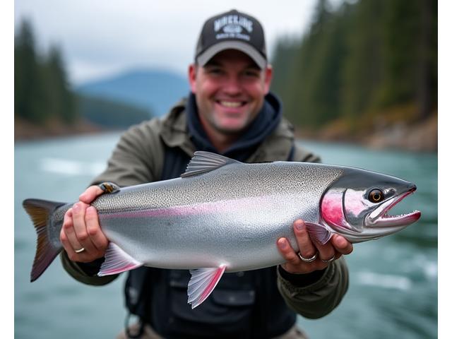 Client happily holding a chrome Chinook salmon caught on a guided trip, with guide smiling in background