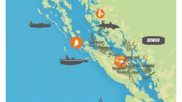 Map of British Columbia highlighting popular fishing locations alongside fishing icons.