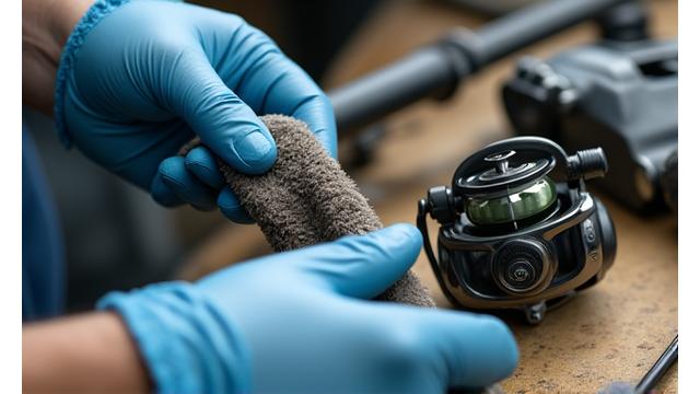 Hands cleaning and maintaining a fishing rod and reel, demonstrating proper care.