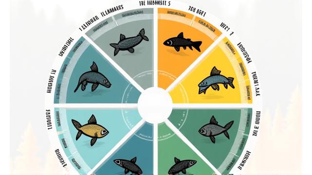 Calendar with fishing icons for different months, overlayed with images of different fish species.