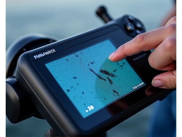 Close-up of a modern fish finder screen showing fish arches and sonar, next to high-tech fishing reel.