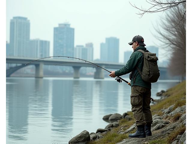 Angler casting a line from a city shoreline, with skyline in the background, showing urban fishing gear.