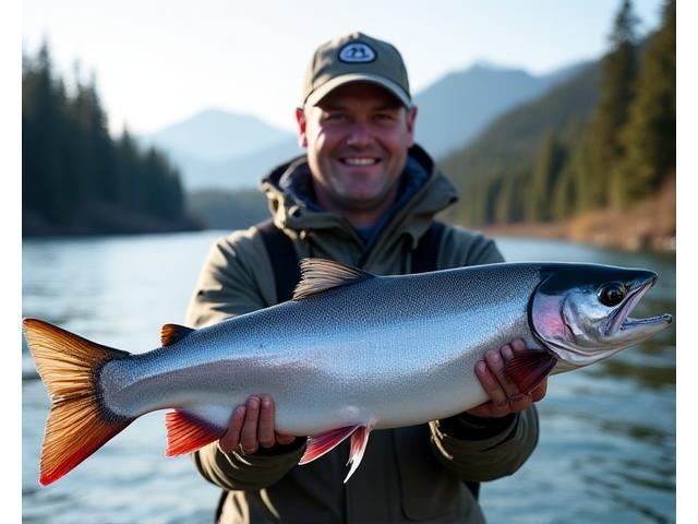 David Lee proudly holding a large Chinook salmon caught on a custom rod.