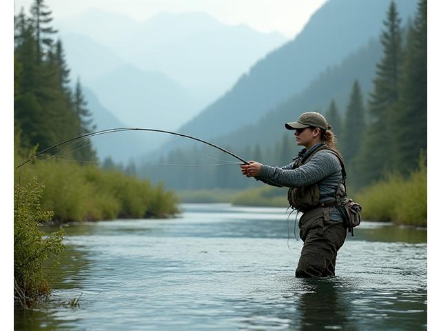 Sarah Chen gracefully fly fishing in a clear mountain stream, showing good casting form.