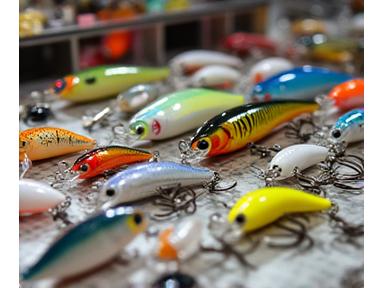 High value fishing lures and tackle on a clearance sale rack with '50% off' sign.