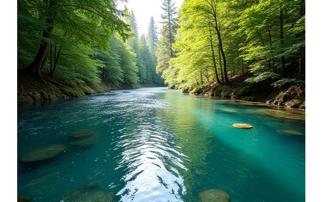 A serene, clear river flowing through a forest, symbolizing transparency and trust in data protection.