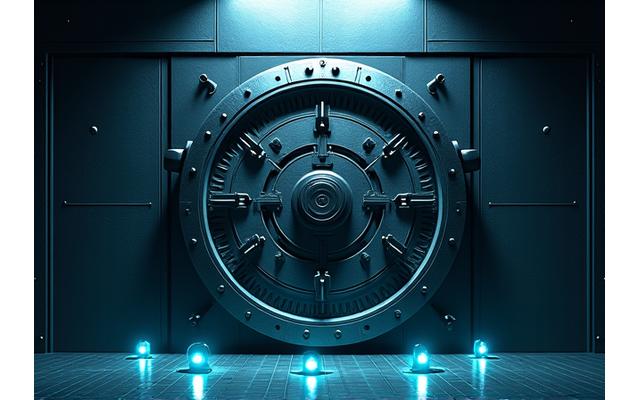 A secure vault door covered in digital padlocks, emphasizing robust data protection.