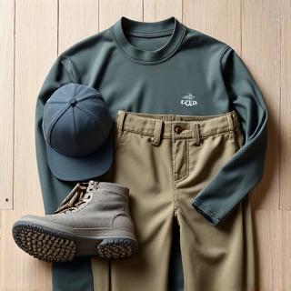 Performance fishing apparel, including a breathable fishing shirt and waterproof waders, laid out neatly.
