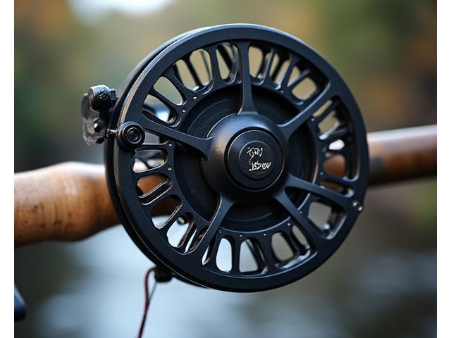 Close-up of a premium, anodized aluminum fly reel designed for large salmon, spooling out line.