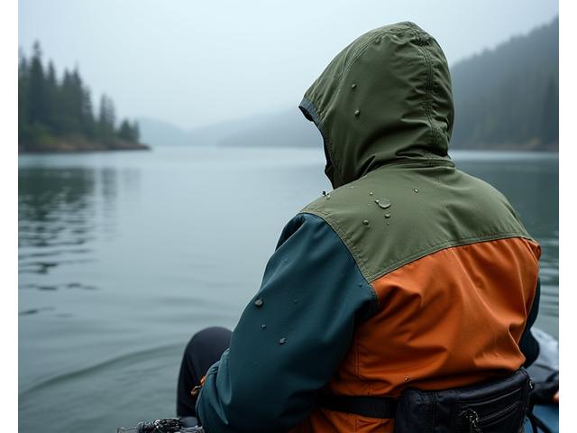 High-performance waterproof fishing jacket in a striking color, draped over a boat seat.