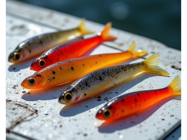 Assortment of highly realistic soft plastic baits, mimicking local BC fish species, arranged on a fishing boat deck.