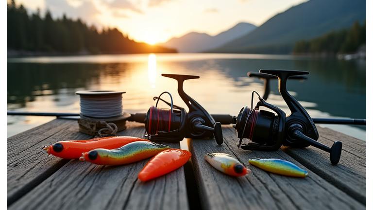 Assortment of high-quality fishing rods, reels, and lures scattered on a weathered wooden dock with a pristine BC lake in the background, bathed in morning light.