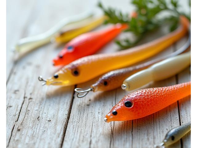 Array of colorful biodegradable fishing lures made from natural materials, neatly arranged on a wooden surface.