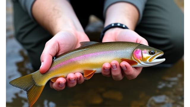 Close-up of an angler gently releasing a rainbow trout back into clear river water, hands wet, fish unharmed.