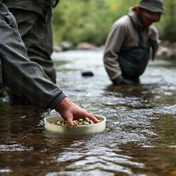 Biologists carefully releasing small salmon fry into a clear river stream from a bucket, with scientific equipment nearby.