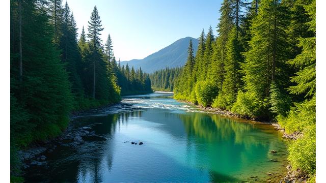 A serene, clean riverbank with lush green trees and clear water, showing an untouched natural habitat.