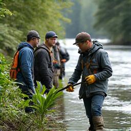 Group of volunteers planting native vegetation along a riverbank, wearing waders and work gloves, in a lush green environment.