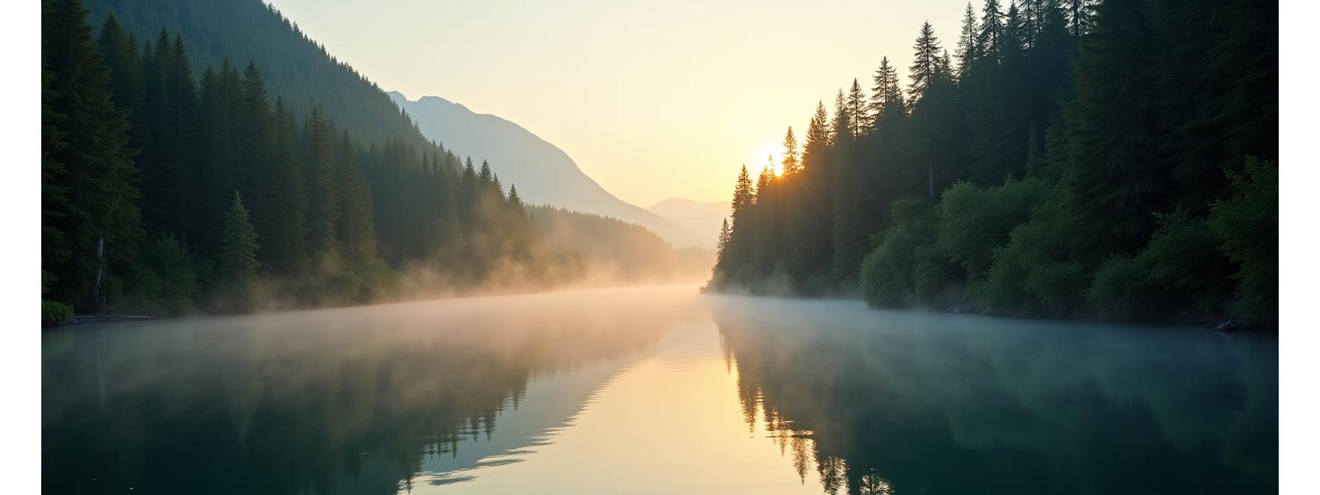 Stunning pristine BC river scene at dawn, mist rising over calm water, dense green forests on banks, conveying peace and natural beauty.