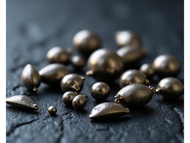 Selection of lead-free fishing weights in various shapes and sizes, made from bismuth or tungsten, glistening slightly against a dark, textured background.