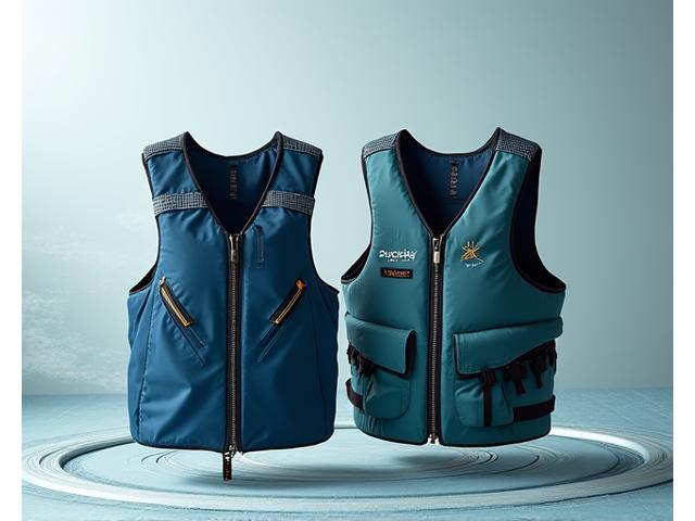 Modern fishing vest and reel made partly from recycled ocean plastics, displayed against a subtle wave pattern background.