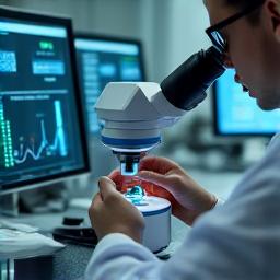 Close-up of a scientist in a lab coat examining a fish sample under a microscope, with charts and data on monitors in the background, implying research.