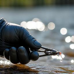 Volunteer carefully picking up discarded fishing line from a rocky riverbank, sunlight reflecting on the water, showing commitment to cleanliness.